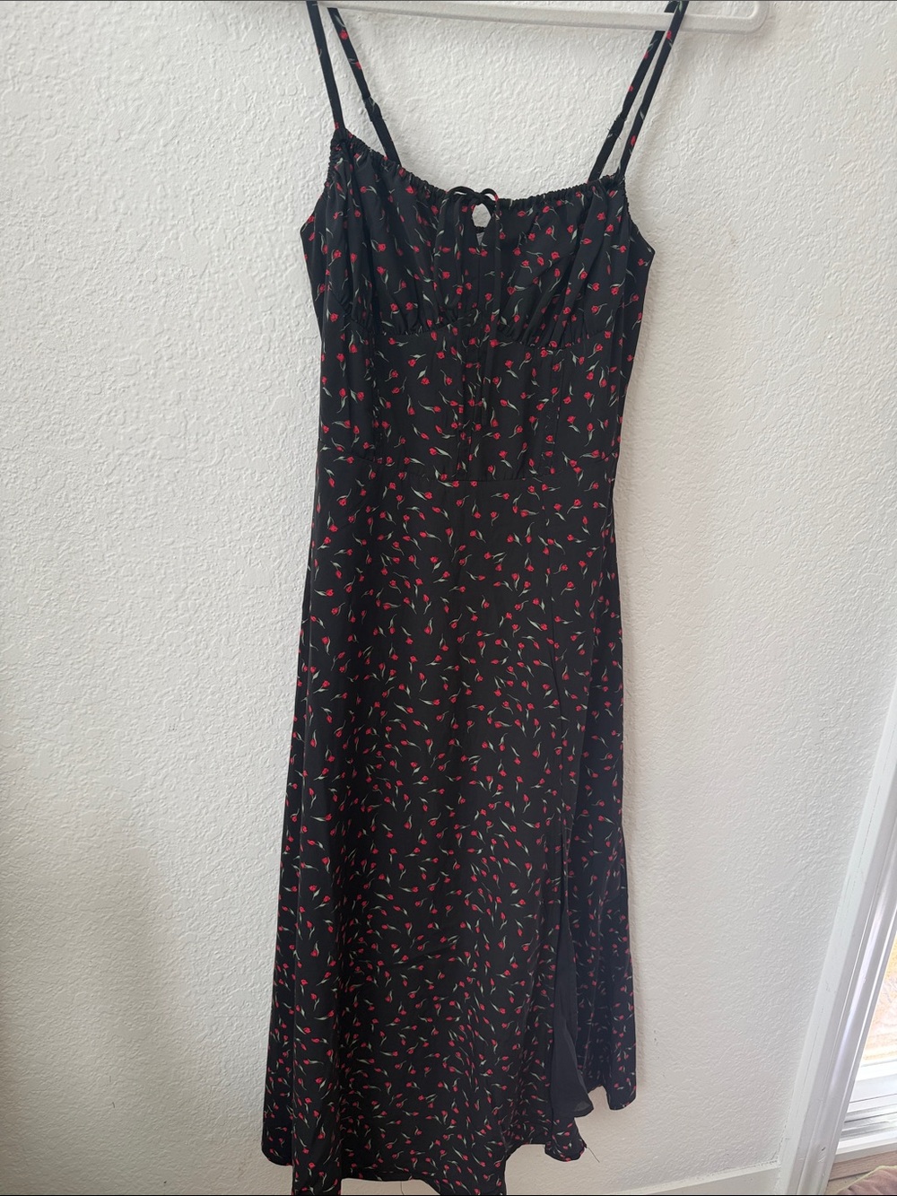 All in Favor Black Slip Dress with Red Floral Print